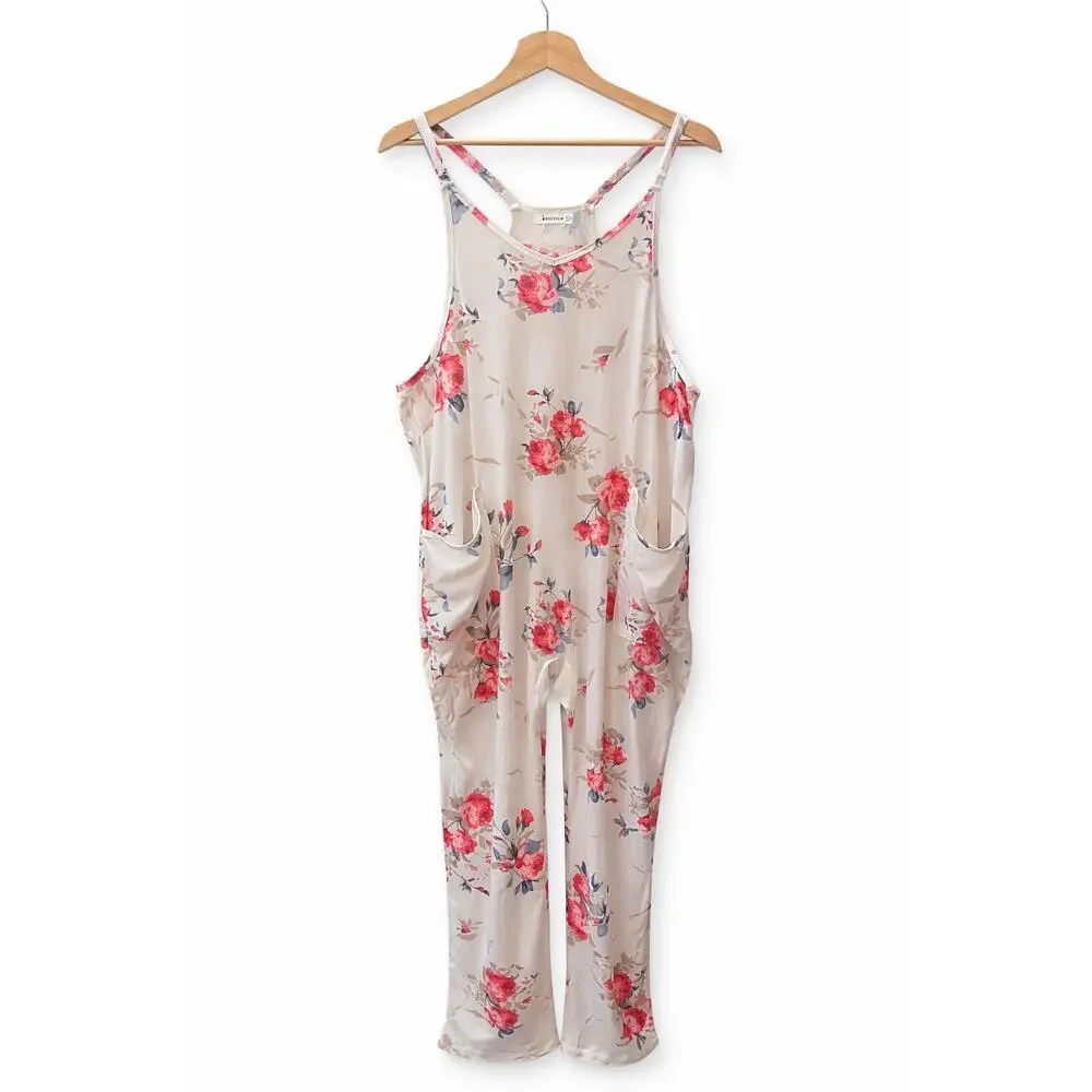 Boho Floral Romper XL Cream Pink Coquette Sleeveless Pocket Cottagecore Spring - Picture 2 of 8